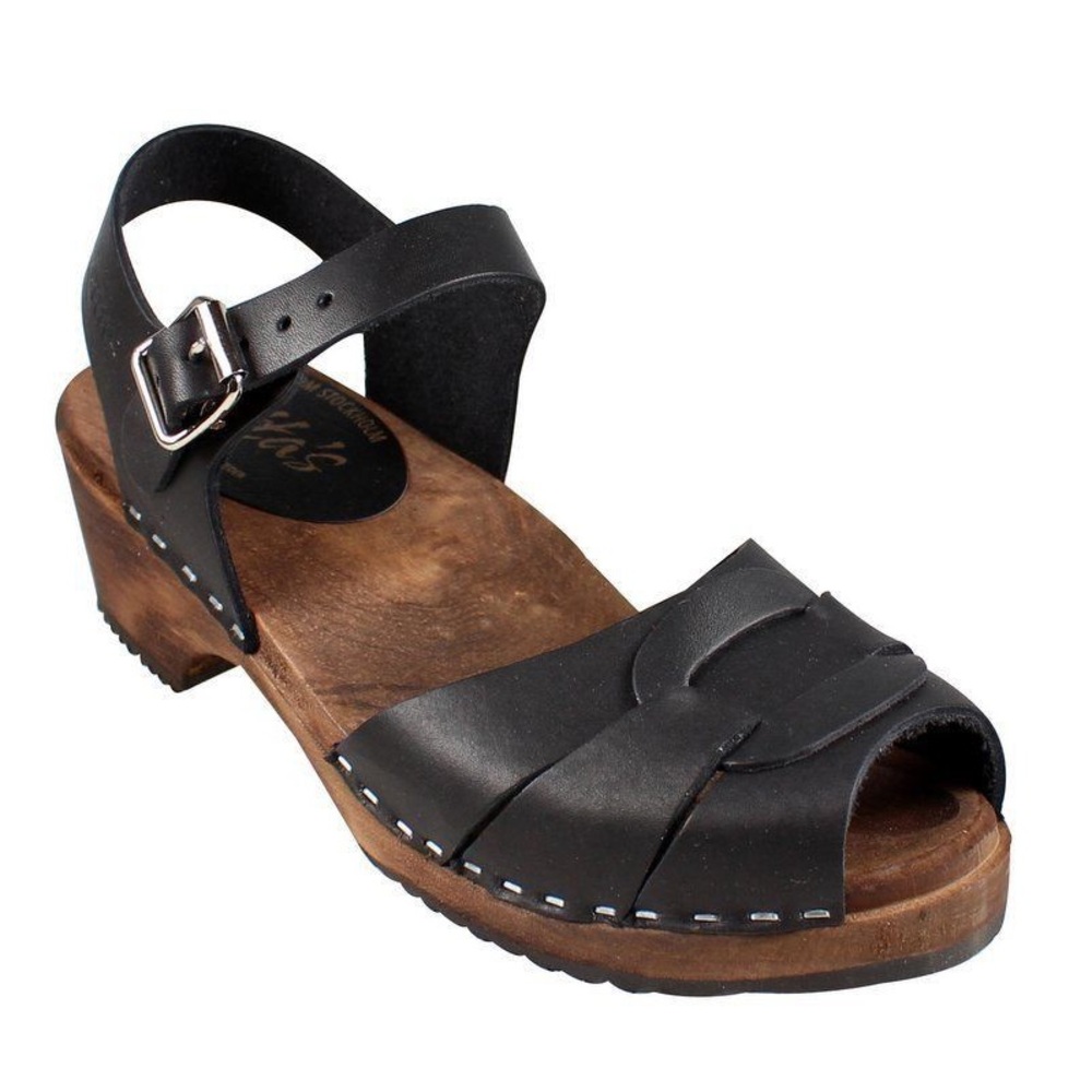 Lotta From Stockholm Black Leather Wood-Soled Clog Sandals